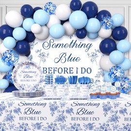 AIBIIN Something Blue Before I Do Bridal Shower Decorations, Blue and White Balloons Garland Arch Kit with Blue Flower Party Backdrop and Blue Bridal Shower Tableware Set for Bachelorette Party