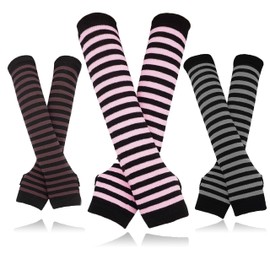 Bellady 3 Pairs Striped Arm Warmers Fingerless Gloves for Women, Coffee, One Size