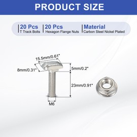 PATIKIL M6 x 25 mm T-Slot Bolts, 20 Sets Drop-in Bolt Hammer Head with Hexagon Flange Nuts T-Bolt Stud Sliding Screw for 30 Series Aluminum Extrusion Profile, Silver