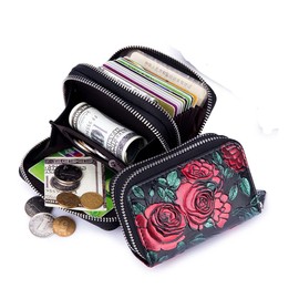 LUMoony Women's Leather Double Zip Multiple Compartments Coin Bag Purse with RFID Protection Large Capacity Genuine Leather Purse Clutch Purse Coin Bag Flowers Colourful