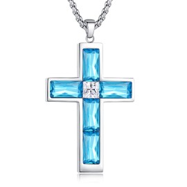 BAMIKI Cross Necklace for Men, Created Aquamarine Pendant Blue Crystal Zircon 316L Stainless Steel Necklace for Women, March Birthstone Faith Jewelry Gift Necklace 24" Chain