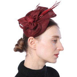 Biruil Fascinators Hat for Women Girls Sinamay Flower Feathers Tea Party Cocktail Headband Hair Clip (B Burgundy)
