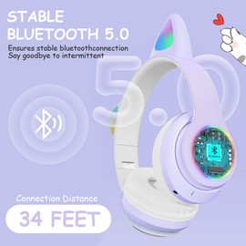 AXFEE Kopfhörer Kinder, Kinderkopfhörer Bluetooth, Mädchen Katzenohr Kopfhörer Over-Ear mit LED-licht Faltbare Stereo Kopfhörer Kabellose, Kopfhörer Kinder mit Mikrofon,Micro SD/TF für Handy/Tablet/PC