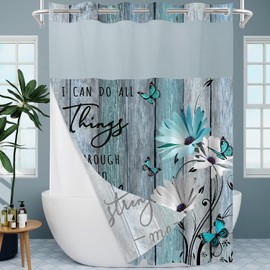 AZHM No Hooks Shower Curtain with Snap in Liner Rustic Teal Daisy Flower Inspirational Quotes Curtain for Bathroom Decor See Through Top Window Double Layers, 71x74 inches