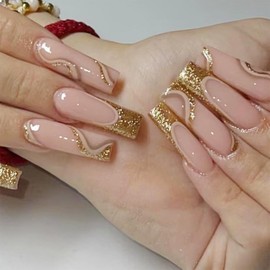 Glitter Gold French Tips Long Square Fake Nails Bling Wave Line Acrylic Nails Stick on Nails with Swirl Design Glossy Full Cover Artificial False Nails Pink Solid Color Glue on Nails for Women 24Pcs