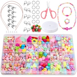 Bracelet Making Kits for Girls Kids, 22 Types Children DIY Bead Set with Colorful Pony Alphabet Pop Beads Headbands Elastic Cord Scissors Bells for DIY Headbands Bracelets Necklaces