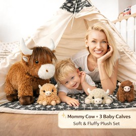 Highland Cow Stuffed Animals with 3 Baby Calves Inside – Fluffy Mommy Cow Plush, Surprise Babies for Imaginative Play, Cute Farm Plush Toys for Girls Boys Ages 3-8, Kids Travel & Gift Toy
