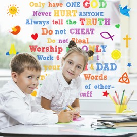 Whaline 9 Sheet Back to School Window Clings Bible Verse Ten Commandments Reusable Window Decals for Classroom Church Sunday School Christian Home Decor