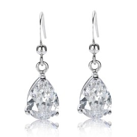 [RIZILIA TEARDROP] Dangle Pierced Earrings with Pear Cut Gemstones CZ [White Topaz] in 18K White Gold Plated, Simple Modern Elegance