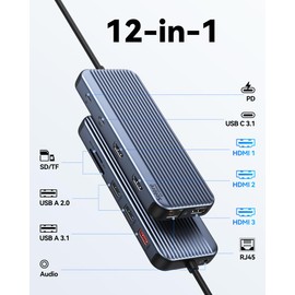 USB C Docking Station 3 HDMI, Docking Station 3 Monitors,12 in 1 Docking Station Dual Monitor, Laptop Docking Station Triple HDMI with 10Gbps USB A/C 3.1,USB 2.0,100W PD,Ethernet, Audio&Mic,SD&TF Slot