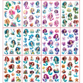 Mermaid Glitter Tattoo Set Children, 12 Sheets Mermaid Fake Tattoos for Children, Gifts for Girls, Birthday Party Gift, Small, Skin-Friendly, Temporary