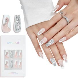Press On Nails Coffin Short Fake Nails With Natural Soft Gel,15 Size-30 Pcs Nail Kit Full Cover Flash Diamond Crystal Butterfly Glossy Stick On False Nails for Women (Silver White) SK0747