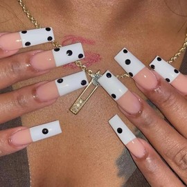 BABALAL Press on Nails Long Square Fake Nails White Glue on Polka Dot Acrylic Nails Supplies Summer Artificial Nails French Tip Stick on Nails 24Pcs Squoval Full Cover Thick Nails for Women Girls
