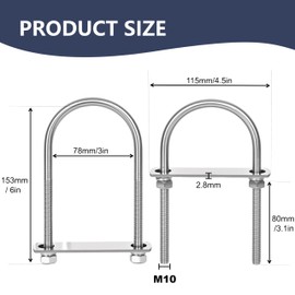 SRZTXU 4 Sets M10 U-Bolts,u-Bolts 3" (78mm) Wide,304 Stainless Steel u-Bolts,with Nuts,Bolt Plate and washers (4, M10 x 78mm x 153mm)