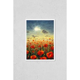 Poster Reproduction of Field of red poppies flowers Impressionism modern oil painting - red flowers poppies Sun rays and clouds illustration. Flower modern landscape artwork for poster, fabric