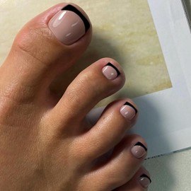Black French Tip Press on Toenails Short Square, KQueenest Glossy Fake Toe nails Acrylic Toe Nails Glue on, Natural Nude Toe Press on Nails Toe Acrylic Nails, Stick on Toe Tails for Women in 24 Pcs
