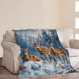 Deer Snow Winter Forest Print Blanket Wild Animal Country Nature Night Western Throw Blankets Gifts for Couch Sofa Bed Stuff Decor Soft Fleece Plush Warm Flannel Bedding for Lover Men Women 40"x50"