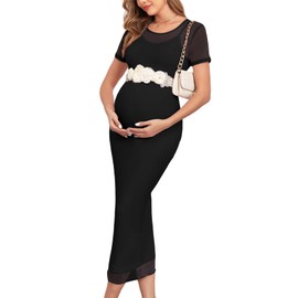 AISWI 2 Piece Maternity Mesh Dress Short Sleeves Round Neck Bodycon Pregnancy Dresses Baby Shower Photoshoot Wedding, Short Sleeves, Black, Medium