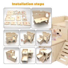 POMFAEE Wooden Dwarf Hamster House, Hamster Tiny House Hideout, Hamster Maze House, Large Balcony Lookout Holes, Easy to Assemble, Detachable Parts, Secure Hideaway, C