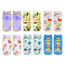 Benefeet Sox Women Girls Reading Novelty Ankle Socks 3D Print Patterned Books Funny Crazy Cute Low Cut Line No Show Socks Fun Colorful Soft Cotton 6 Pair Socks Gifts for Women Teen Girl (Book-6pack)