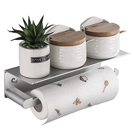 DUFU Paper Towel Holder with Shelf for Kitchen , Paper Towel Holder Wall Mount for Bathroom, Self-Adhesive Anti-Rust Aluminum, No Drill or Wall-Mounted with Screws (Dull Polished Silver)
