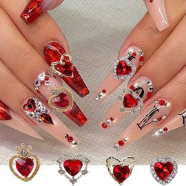 Valentines Nail Charms 22Pcs Alloy Heart Nail Art Charms Red Nail Gems Accessories Shiny Valentines Heart Nail Rhinestones Jewelry Gold Silver Love Nail Charms for Acrylic Nails Decor Supplies