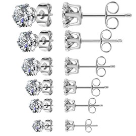5 Pairs Set Stainless Steel Stud Earrings Minimalist Cubic Zirconia CZ/Ball Earrings Studs Set for Men Women 3MM-8MM - Silver