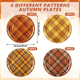 JarThenaAMCS Fall Paper Plates Plaid Disposable Plates Orange Brown Checkered Dinner Plates 9 Inch for Autumn Thanksgiving Party Supplies Table Decor, 40Pcs