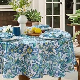 Newbridge Oval Fabric Tablecloth, Corfu Mediterranean Blue Paisley, 60 x 84 Inch, Indoor Outdoor Stain and Water Resistant Heavy Weight Table Cover, Shabby Chic Blue Floral