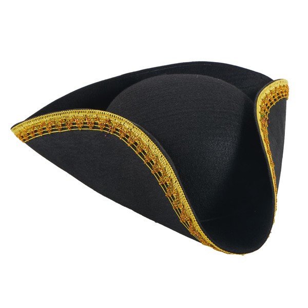 Spooktacular Creations Black Pirate Hat, Colonial Tricorn Hat with Gold Trimming for Adults, Halloween Costume Accessory, Revolutionary War Role Play