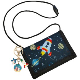 CXNXFD Kids Space Rocket Planet Design Coin Purse Neck Pouch Keychain Navy Blue