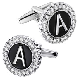HAWSON A-Z Initial Cufflinks for Men and Women with Clear Crystal, Silver Color Rasied Letter A-Z Cuff Links for French Shirt, Gift for Normal and Business Wearing - A