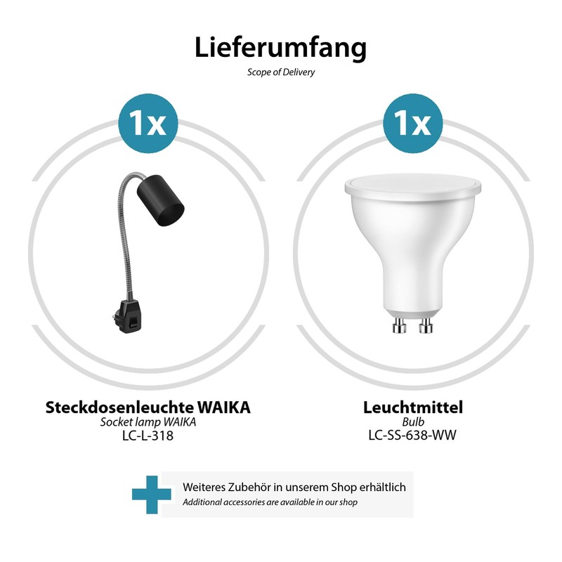 ledscom.de WAIKA GU10 Socket Lamp Gooseneck Switch Black with GU10