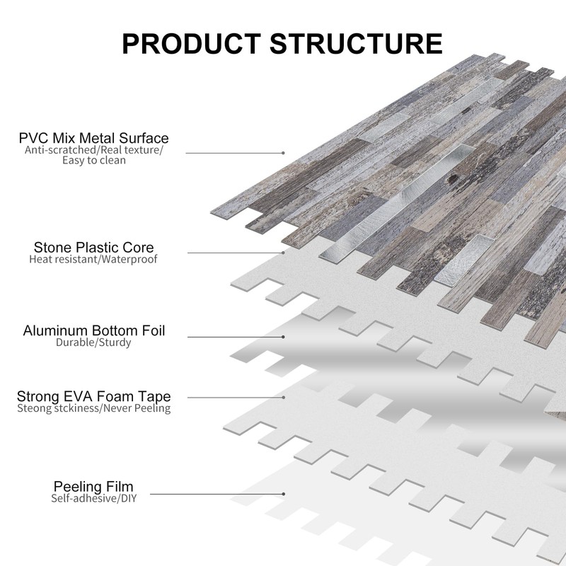 Bainley 10-Sheet Peel and Stick Backsplash, Distressed Wood with Metal