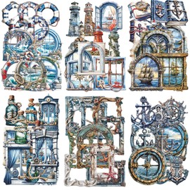 60 Pieces Vintage Maritime Themed Cardstock Cutout Frame Stickers, Aesthetic Scrapbook Stickers for DIY Diary Junk Journal Handbook Album Decoration Label Sticker Journaling Scrapbooking Supplies