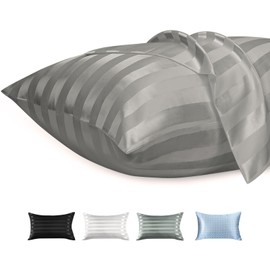 Lirex Satin Cushion Cover with Zipper, Polyester Satin Cushion Cover for Hair, Smooth Floral Pattern with Light Grey Stripes, 40 x 60 cm