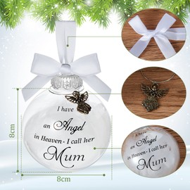 Suilung Christmas Memorial Baubles Ornaments I Have an Angel in Heaven Christmas Bauble Ornament Grave Decorations Clear Baubles White Feather Ball Hanging Decoration with Box for Xmas (Mum)