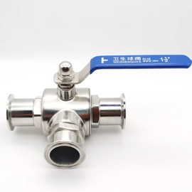 ARVCAOU Tri Clamp Sanitary ball Valve,3 Way Ball Valve T Port,PTFE Lined and Stainless Steel 304, Blue Vinyl Handle to Clamp Ferrule (1.5"(50.5MM OD flange))