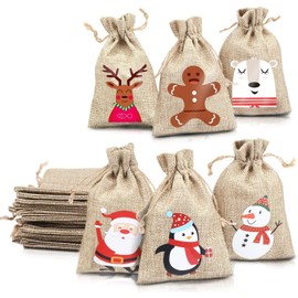 LOKIPA Christmas Jute Burlap Bags,24 Xmas Jute Linen Burlap Drawstring Gift Treat Candy Bag for Xmas Favors