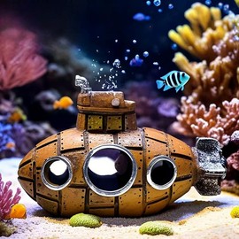 WinldMonmo Brown Retro Floating Submarine Ornament for Aquarium - Cute Resin Hovering Decor, Safe Interactive Tank Accessory for Betta, Cichlids, Goldfish, Shrimp, Hermit Crabs