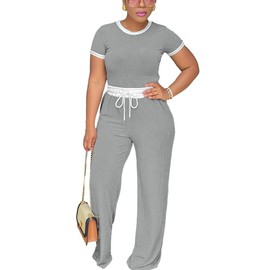 HTD Womens 2 Piece Outfits Sweatsuits Set Short Sleeve Wide Leg Pants Matching Lounge Sets Tracksuit Gray M