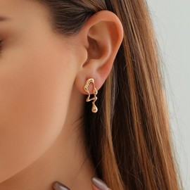 DORAMEE Abstract Aesthetic Unique Designer Mismatched Irregular Waterdrop Gold Plated Statement Dangle Earrings, Modern Asymmetrical Silver Hypoallergenic Alloy Drop Earrings for Women