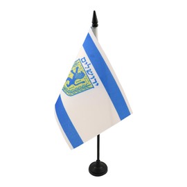 AZ FLAG JERUSALEM TABLE FLAG 5'' x 8'' - JERUSALEM IN ISRAEL DESK FLAG 21 x 14 cm - Black plastic stick and base