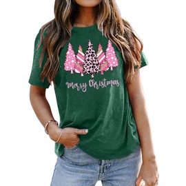 Christmas Shirts for Women Pink Christmas Trees T-Shirt Leopard Print Xmas Gift Casual Holiday Tops