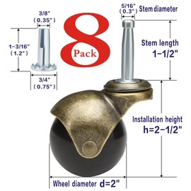 JGJC Stem Caster Wheels 8 Pack, 2 inch Ball Casters Heavy Duty, Antique Swivel Grip Neck Stem Casters with Socket, (8×38mm) 5/16" × 1-1/2" Wheels for Furniture, Chair, Cabinet, Bulk Value Package