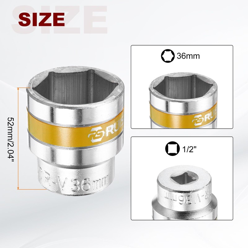 sourcing map 2pcs 1/2" Drive 6 Points Socket 36mm Metric