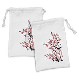 Lunarable East Fabric Pouch Set of 2, Plum Tree Blossoms Japanese Spring Traditional Festival Seasonal Celebration Print, Small Drawstring Bag for Toiletries Masks and Favors, 9" x 6", Black Red