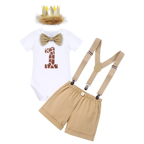 FYMNSI Baby Boys' First Birthday Outfit Cotton Romper with Short-Sleeved Straps Headband Crown 3pcs/4pcs Set, Khaki Giraffe