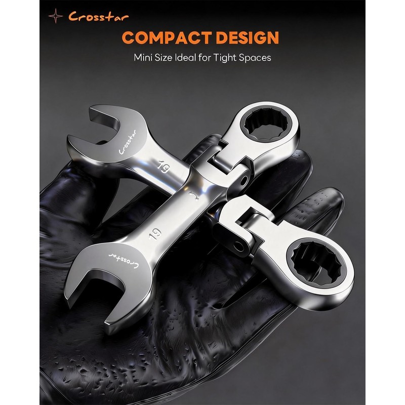 Crosstar 12Pcs 8-19mm Stubby Flex-Head Ratcheting Wrench Set, Metric