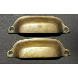 2 x Ant. Vintage Style Brass File Cabinet, Bin Pull Cup Handle 3-3/8" ctr #A19